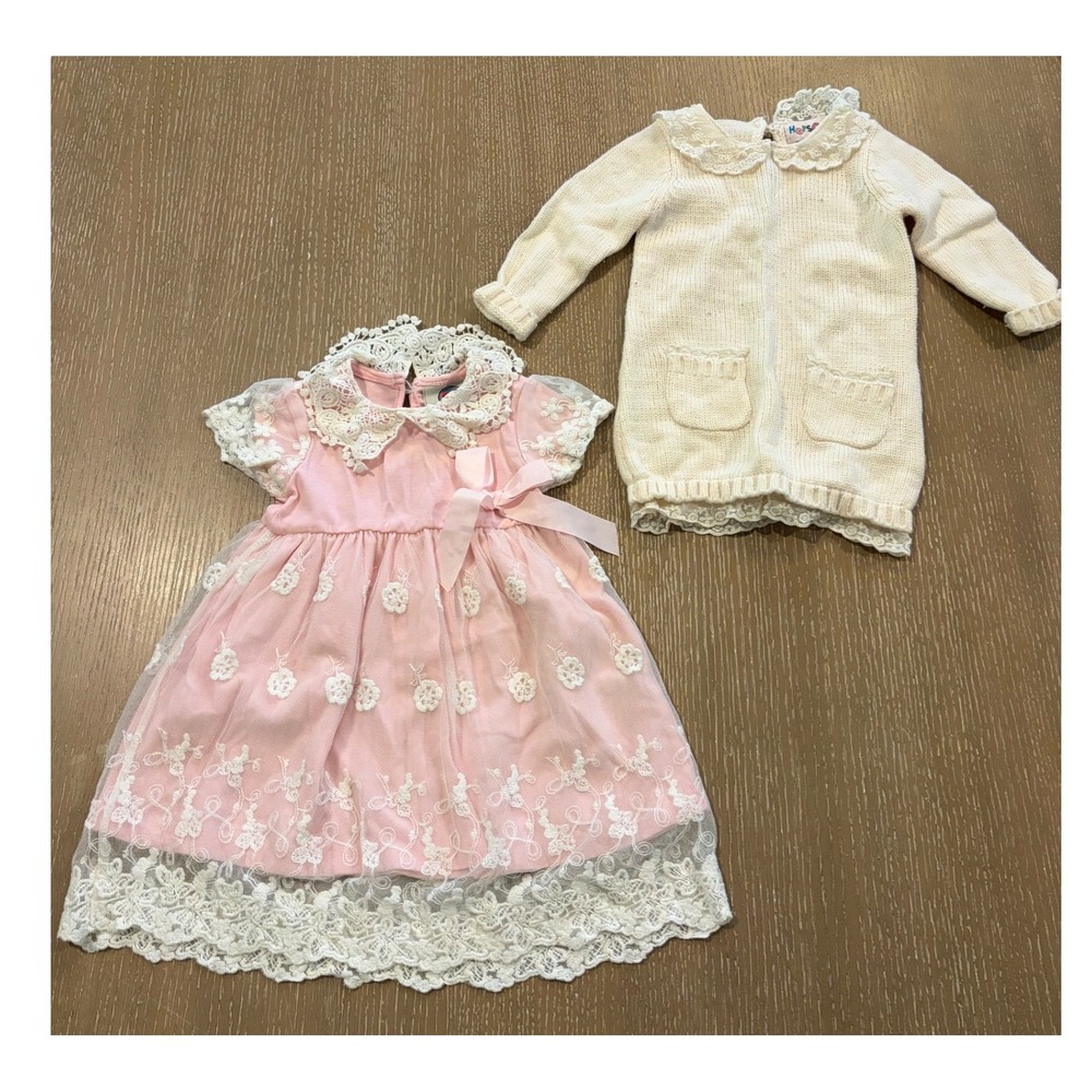 Baby Balooga Hopscotch Baby Girls 6-12M Dress Lot 2 Pink Lace Cream Knit